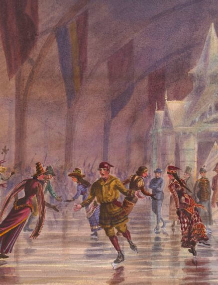 Une illustration en couleur représentant des personnes élégamment vêtues, patinant dans un aréna intérieur.