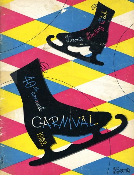 A colourful diamond-pattern cover of black, yellow, pink and blue with the black silhouettes of two skates.