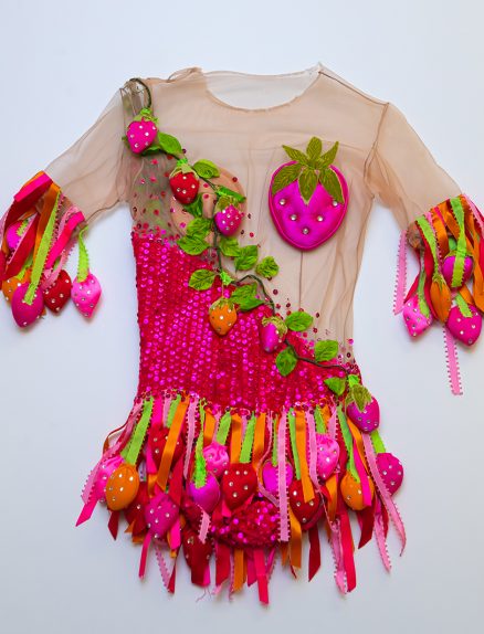 Skating dress lying flat on a white background. The bodice is beige sheer fabric from the neck to waist, including the top of the arms. A strawberry vine obscures the breast area. Ribbons create the skating skirt and fringe at the above-the-elbow sleeve.