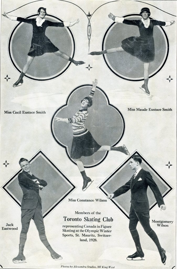 A black and white page from a program with three female and two male skaters in various poses, from left to right, top to bottom: “Miss Cecil Eustace Smith, Miss Maude Eustace Smith, Miss Constance Wilson, Jack Eastwood, Montgomery Wilson.”
