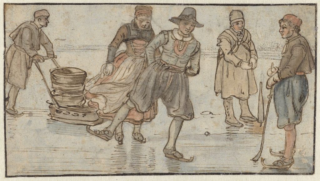 Winter scene showing six people on the ice, one man in the background is pushing a loaded cart, fitted with blades, in front of him as he pushes it on the ice.