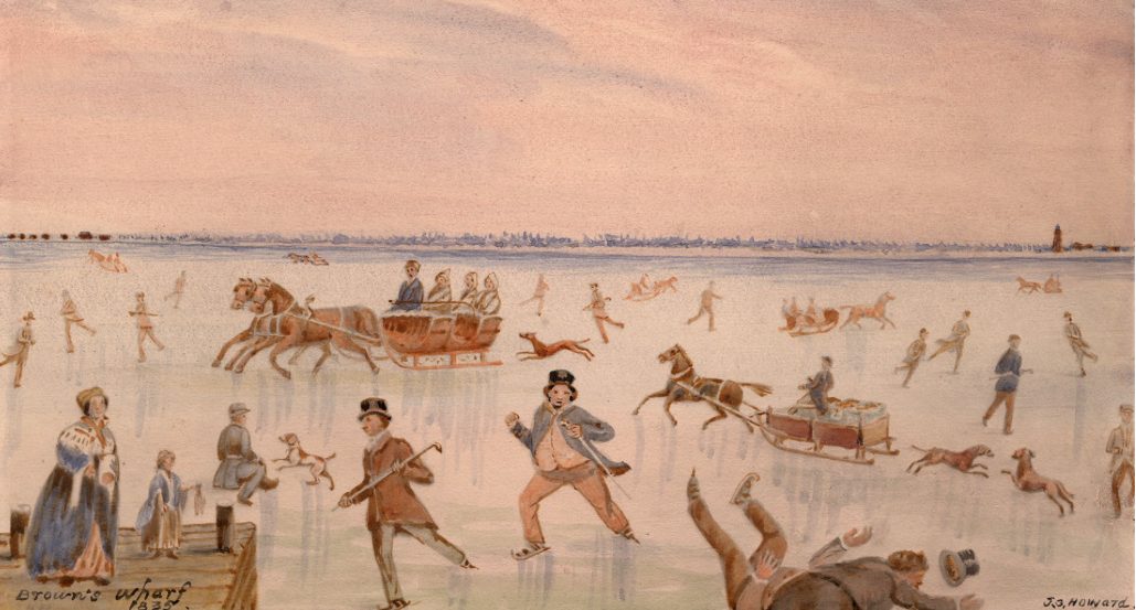 Men wearing curl-toe skates are enjoying skating. Dogs join them. Horse-drawn sleighs carry men and women over the ice, and women in the foreground stand on the pier wearing long dresses.