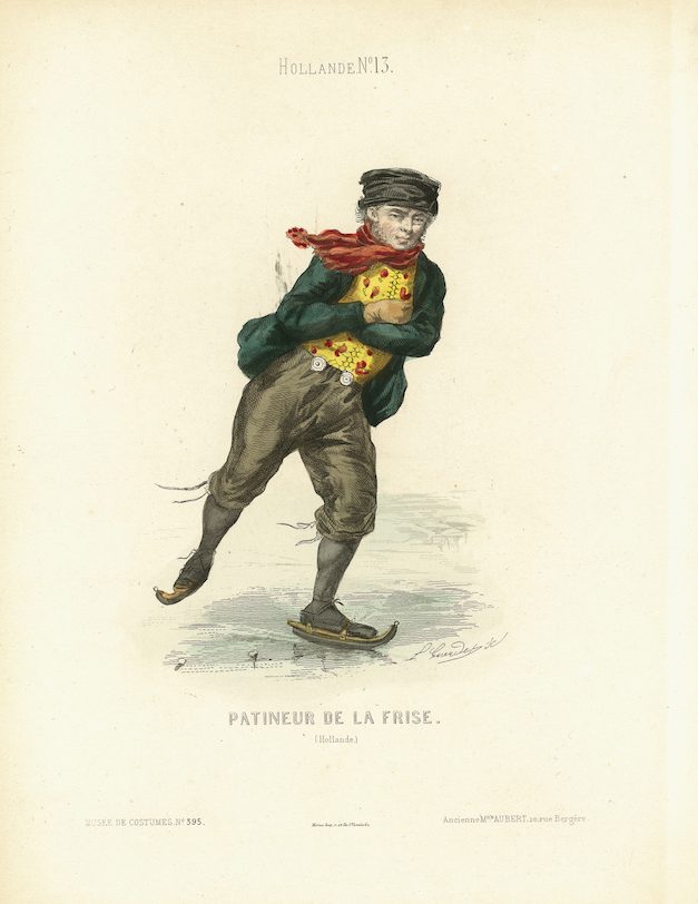 Yellowed page with full-length sketch of a man in breeches, green coat and red scarf, skating towards the viewer.
