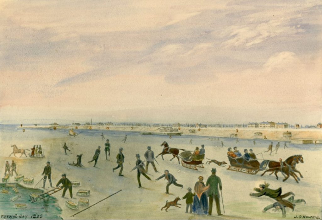 Distant winter scene of the frozen harbor with people skating and horses pulling sleighs.