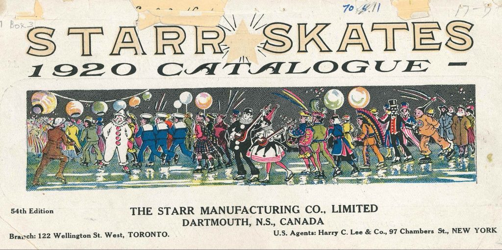 A yellowed page featuring a colourful illustration of many costumed people celebrating while skating.