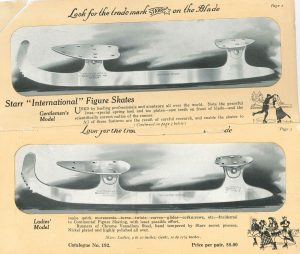 Two yellowed pages with image of two models of steel skate blades that would be attached to boots by screws. Upcurled toe is not attached to blade mount in the front; has toe picks. Boots not shown.