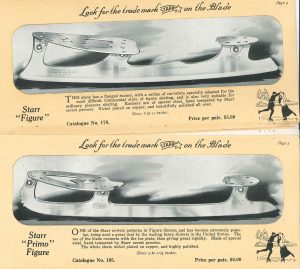 Two yellowed pages with image of two models of steel skates that would be attached to boots by screws. Boots not shown. Toe is attached to blade mount in the front; one model has toe picks; not the other. Boots not shown.