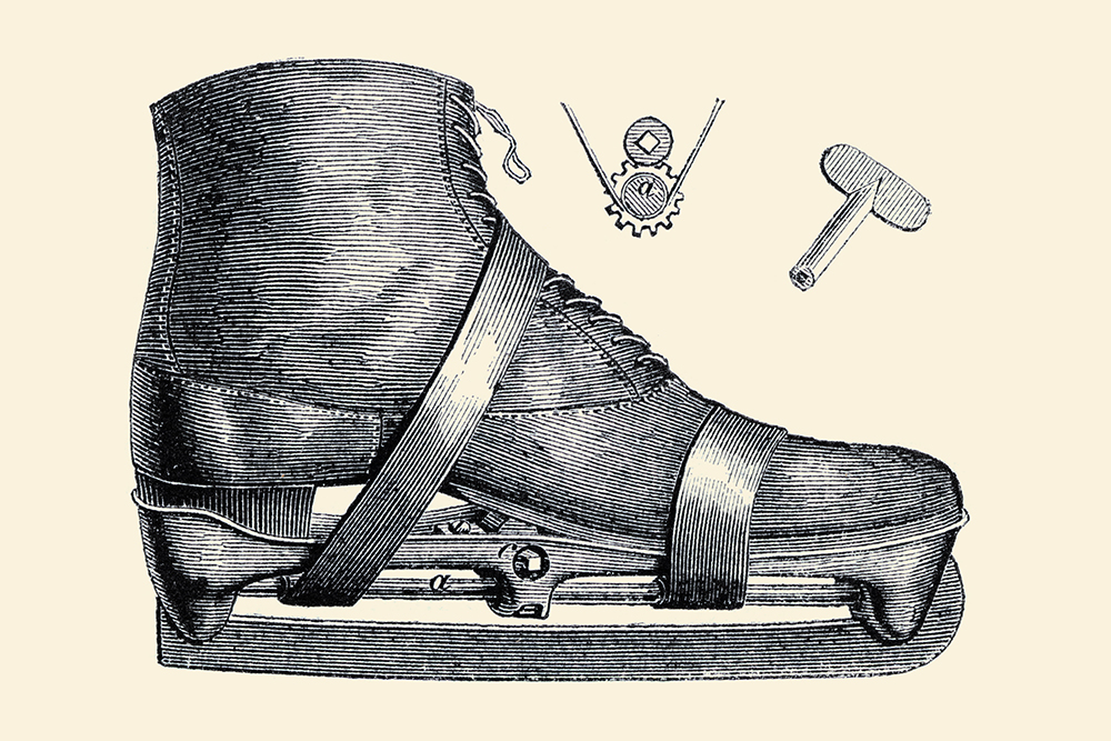 Illustration of a skate in profile view showing a strap and gear system to tighten the blade tightly to the wearer’s boot.