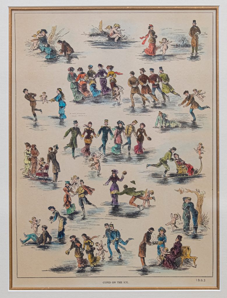 A coloured illustration of many groups and pairs of skaters interacting with a cupid in each scene.