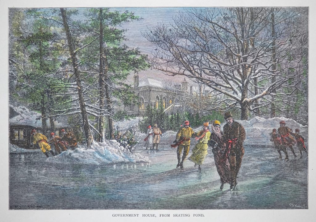 Une illustration en couleur d’une scène hivernale avec cinq groupes de personnes patinant sur un étang gelé.