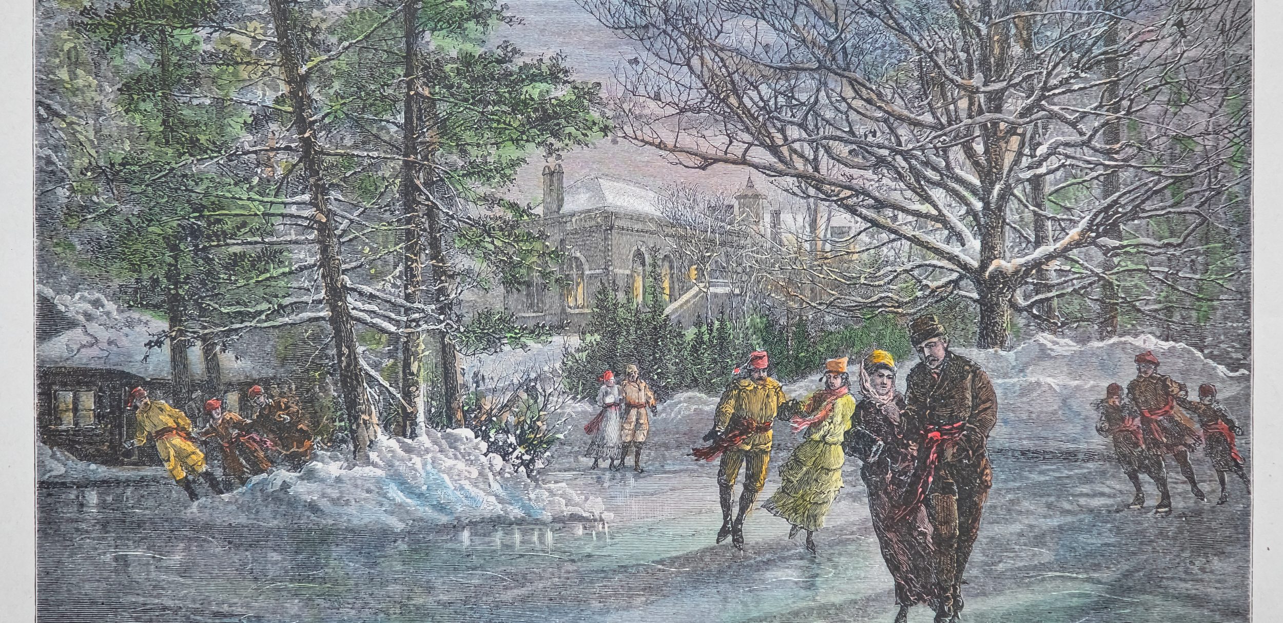 A coloured illustration of winter scene with five groups of people skating on a frozen pond.