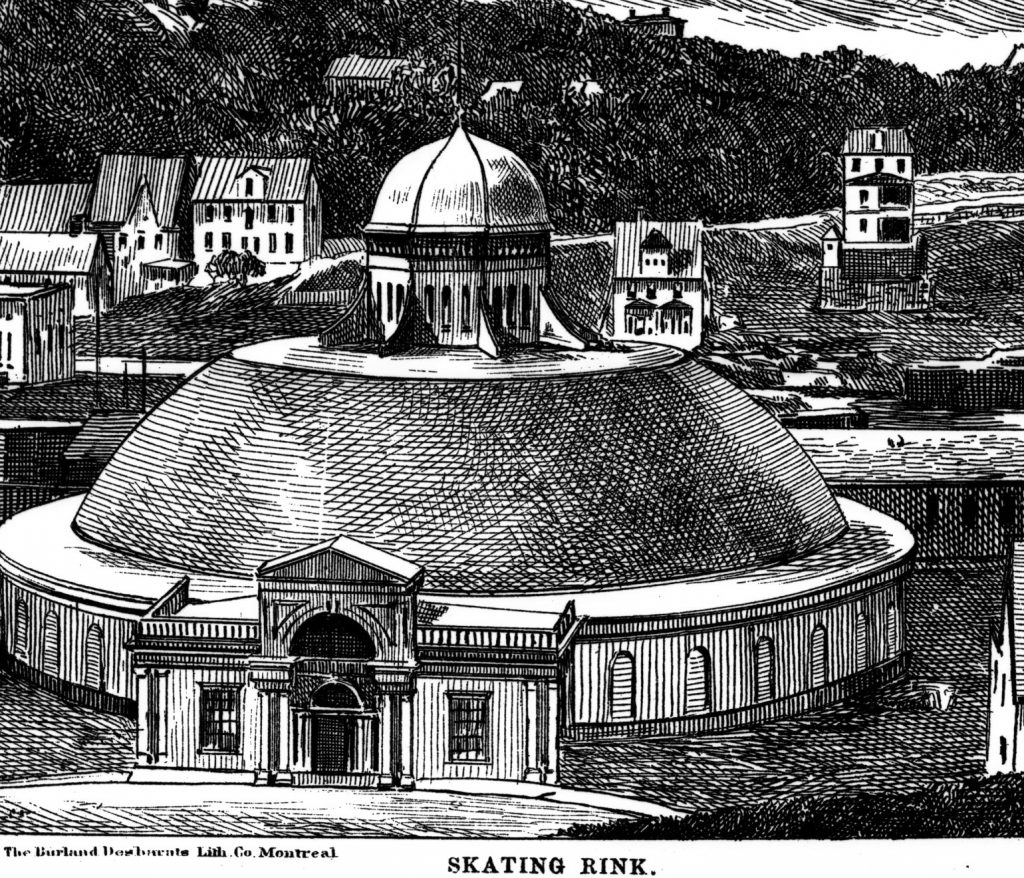 A black and white illustration of a large domed building with smaller buildings surrounding it.