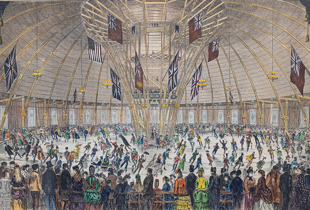 Colour image of the inside of a large, domed indoor skating rink. The central support structure is also a platform on which musicians can sit high above the ice surface. Skaters crowd the ice surface and onlookers gather around it.