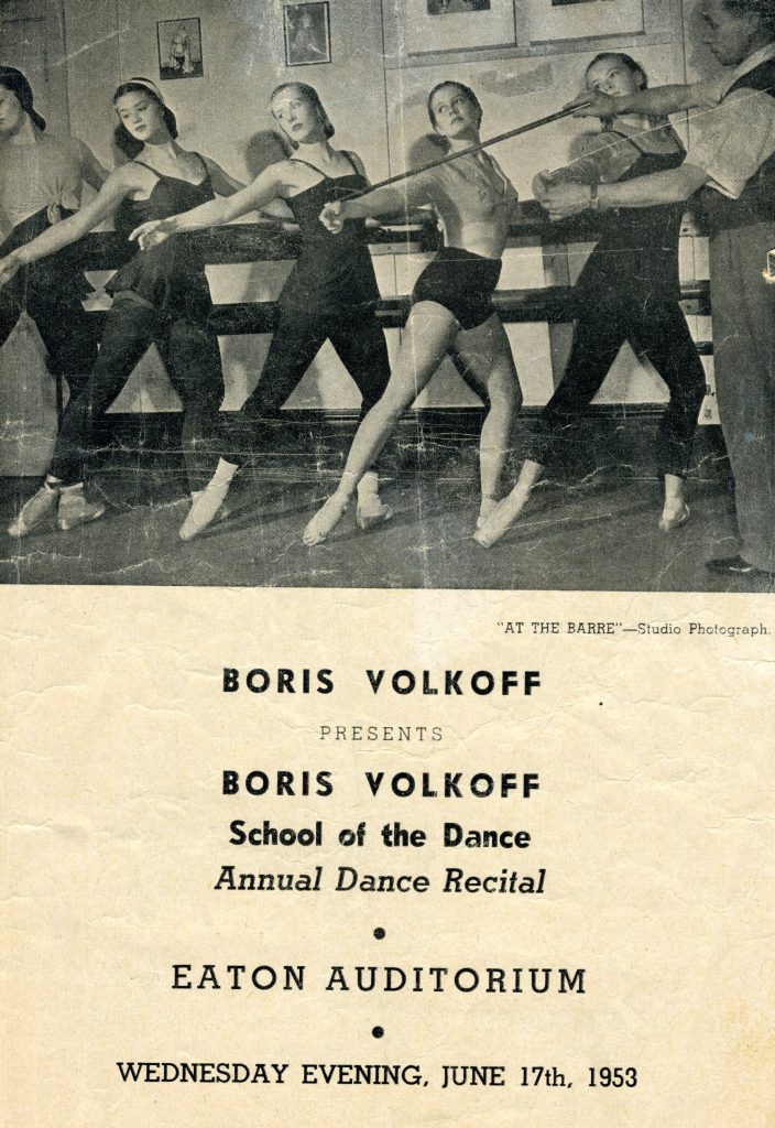A poster advertising an annual dance recital for the Boris Volkoff School of Dance in the Eaton Auditorium, Wednesday evening, June 17th, 1953. 