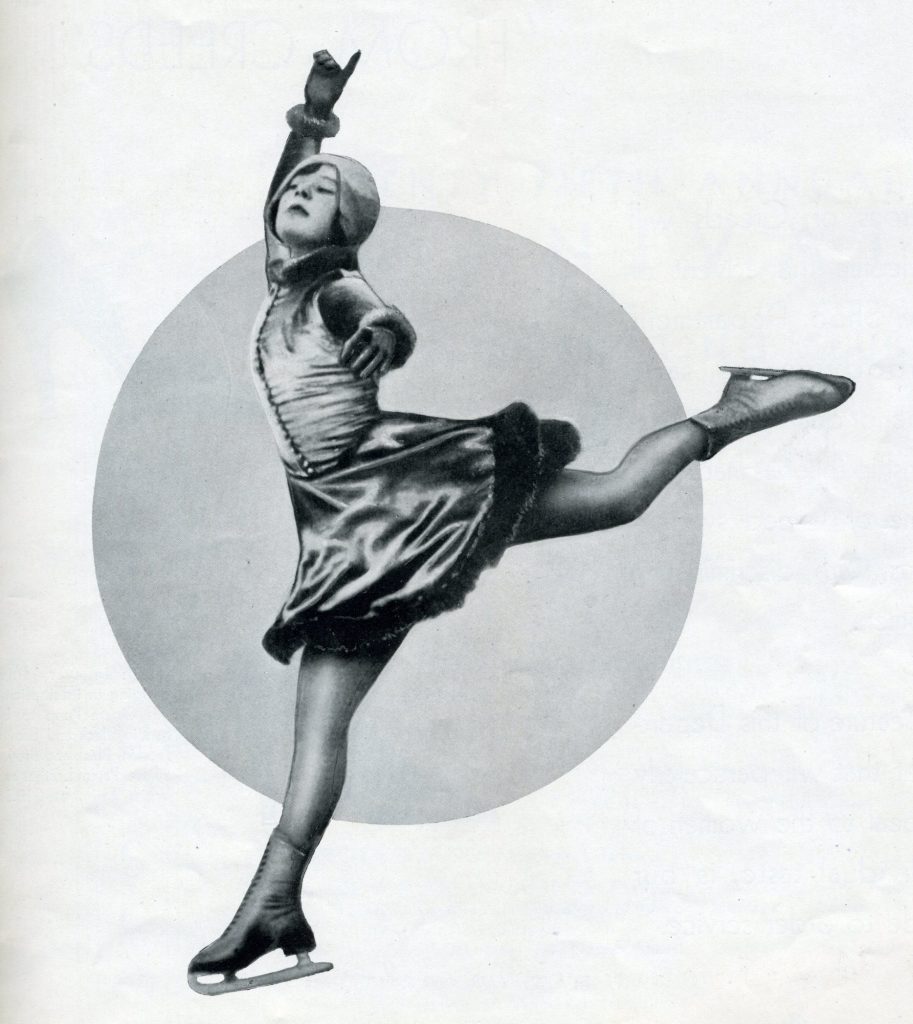 A black and white photo of Sonja Henie leaping forward with her right arm and left leg extended. 