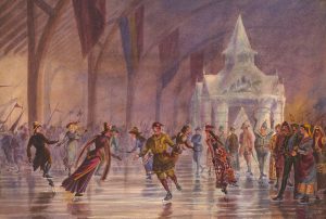 A colour illustration of people in fancy dress skating in an indoor arena.
