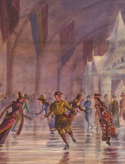 A colour illustration of people in fancy dress skating in an indoor arena.