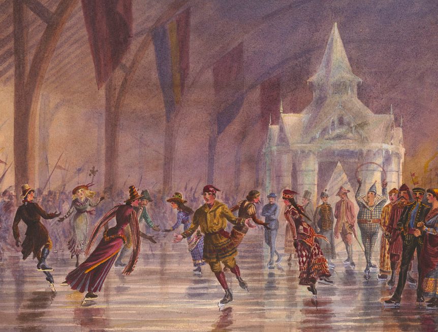 A colour illustration of people in fancy dress skating in an indoor arena.
