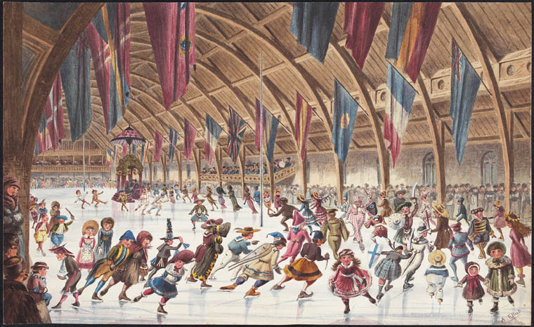 A coloured illustration of many people skating in a wood-beam construction indoor rink.