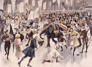 A coloured illustration of many people skating in costumes.