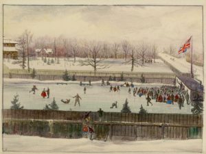 A coloured illustration of a winter scene showing people skating in a fenced off outdoor rink. Children in the foreground climb the fence to watch the skaters while a Union Jack flag flies to the right of the rink.