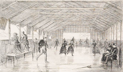 A black and white illustration of people skating under a large tent-like covering.