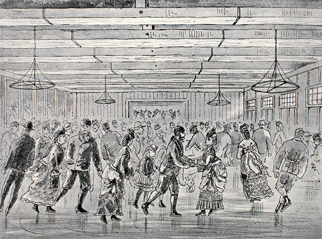 A black and white illustration of people skating in an indoor arena. A band can be seen way at the back.