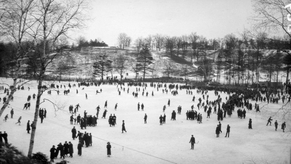 Hundreds of people outdoor skating. Photo taken from a hill above the pond.
