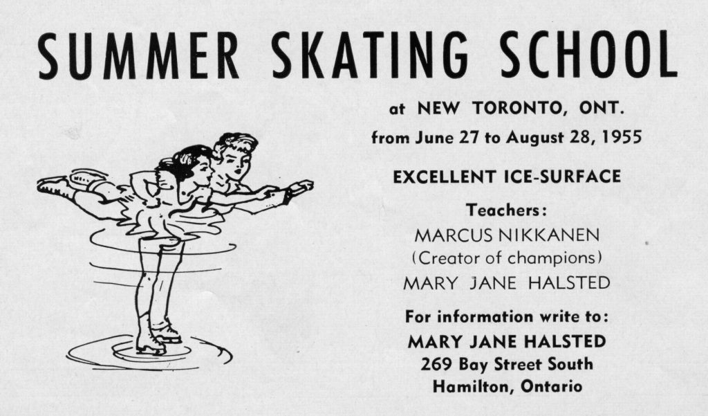 Texte noir sur une page blanche intitulée « Summer Skating School » (École de patinage d’été). L’annonce montre également sur la gauche un dessin représentant un couple de patineurs effectuant une pirouette arabesque.